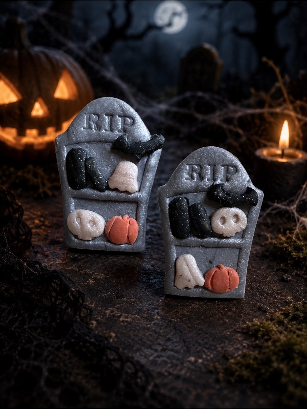 Halloween Tombstone Handmade Polymer Clay Earrings with Pumpkin & Ghost Design